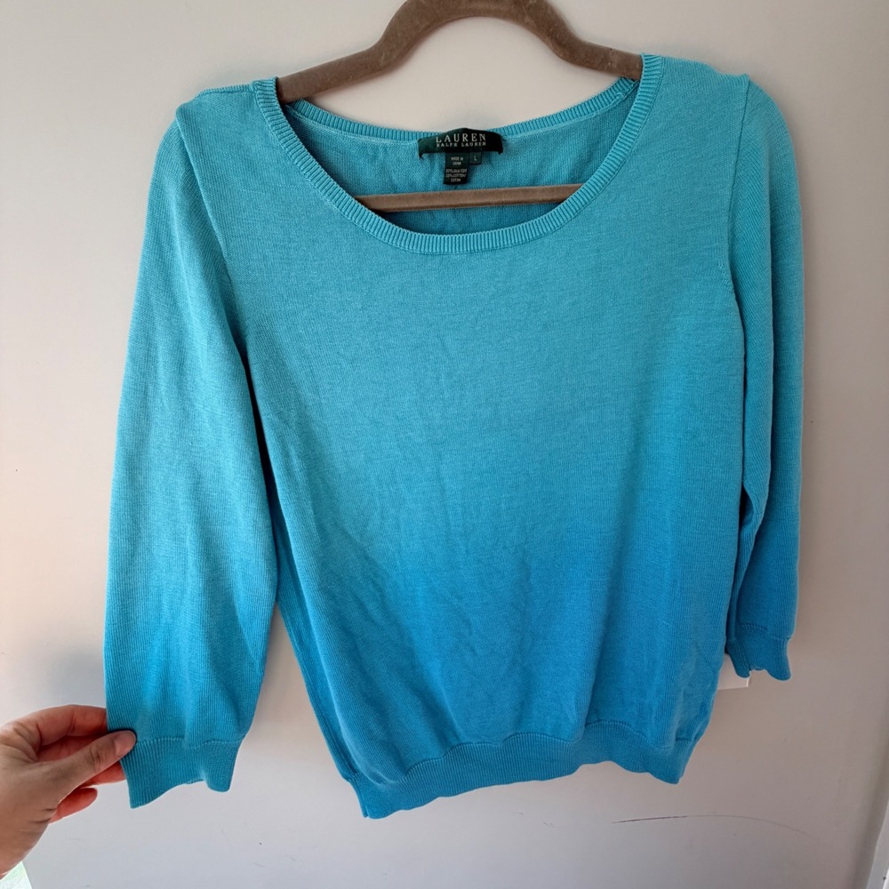 Lauren Ralph Lauren Silk Cotton Knit Sweater Women L Blue Ombre Minimalist Indie